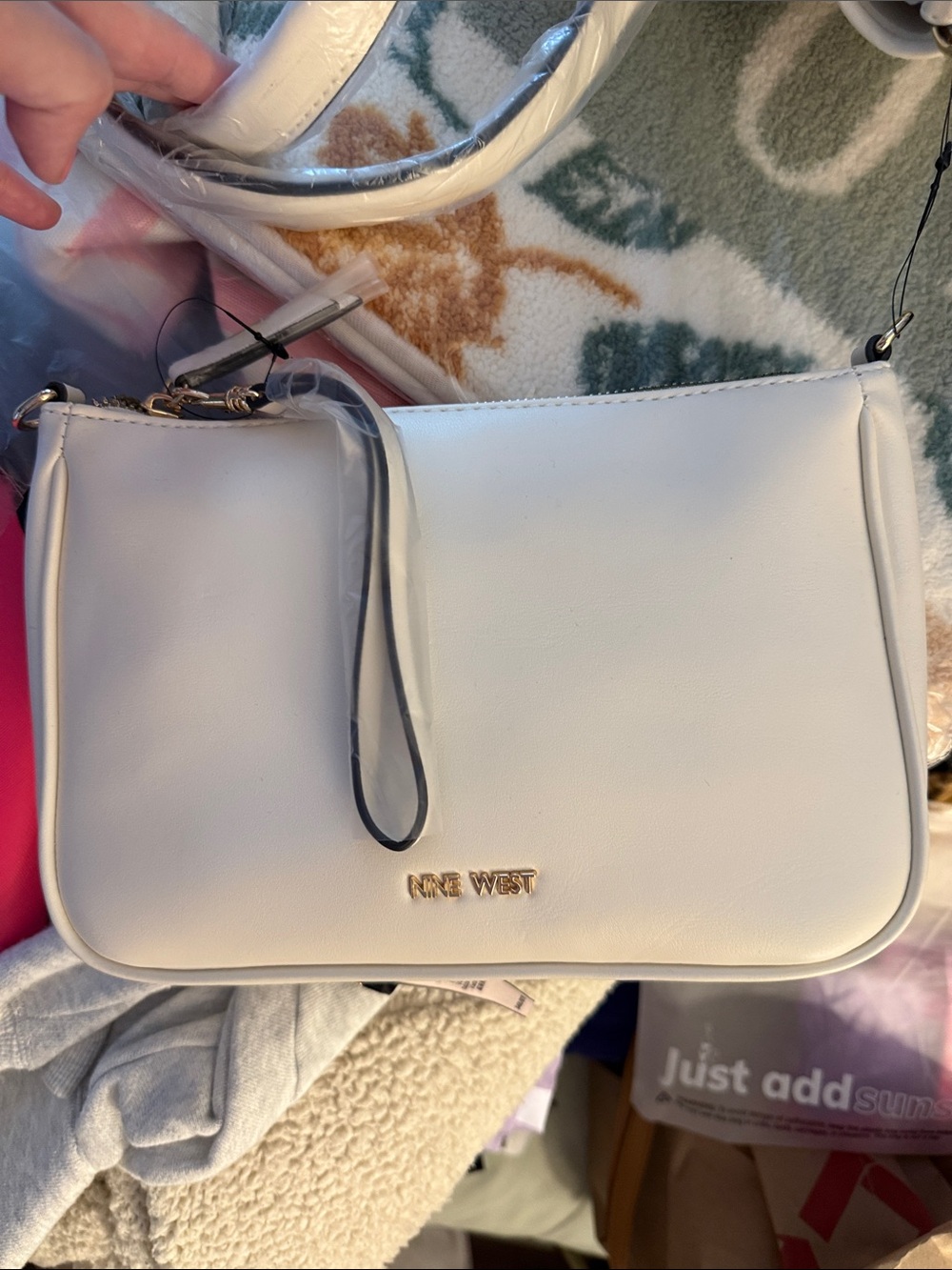 Nine West White Wristlet Bag with Gold Logo
